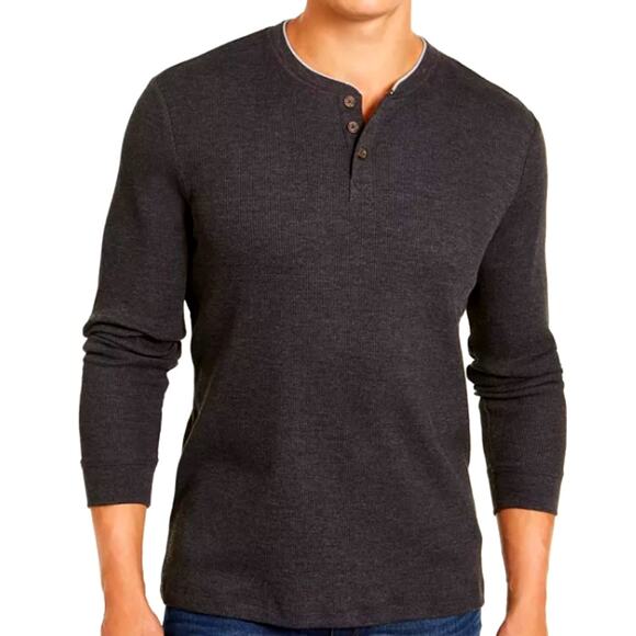 Club Room Thermal Henley Waffle Knit 3 Button - Dark Lead Grey - Mens Size Large - Picture 1 of 9